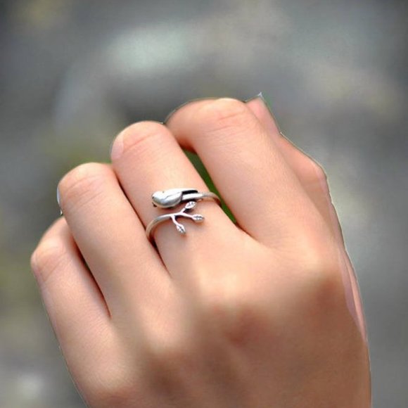 925 Sterling Silver Bird Animal Ring Tree Ring Branch Ring Adjustable Cute Ring - Picture 6 of 7
